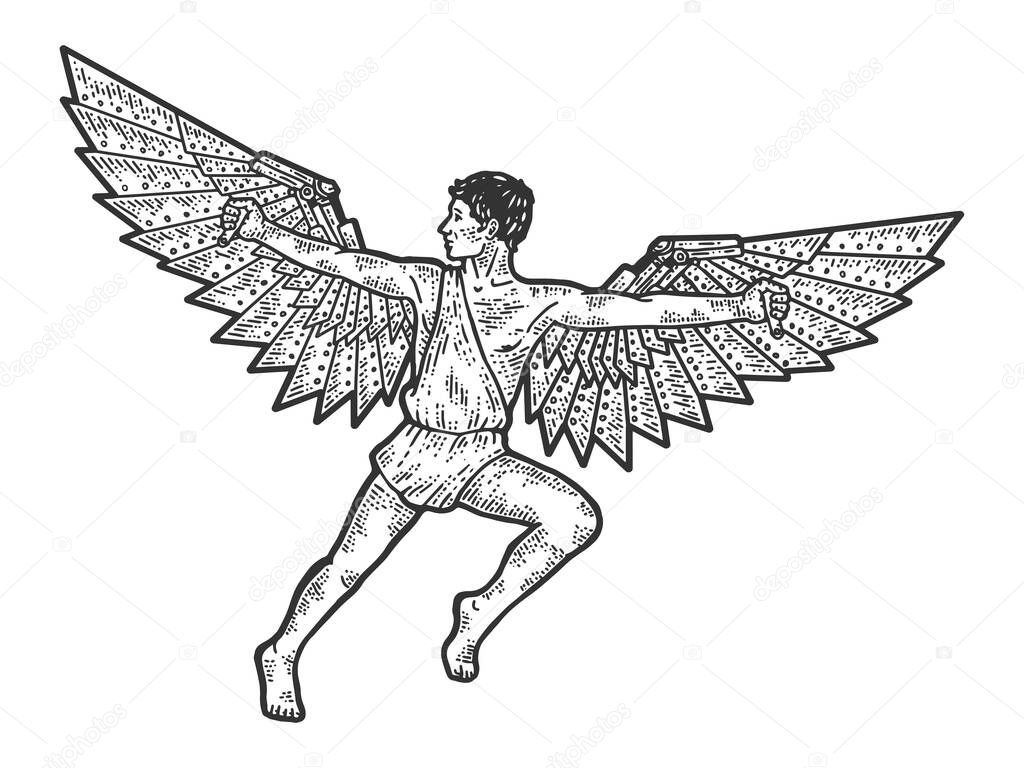 Icarus, a guy with steel wings. Apparel print design. Scratch board imitation. Black and white hand drawn image.