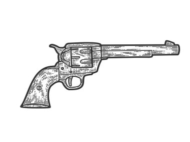 Colt revolver, cowboy gun. Apparel print design. Scratch board imitation. Black and white hand drawn image. clipart