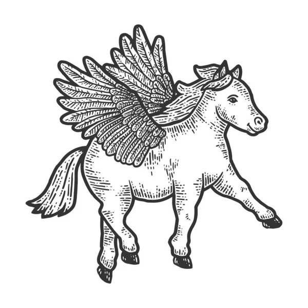 Paardenpony met vleugels. Krasplank imitatie. Zwart en wit met de hand getekend afbeelding. — Stockvector