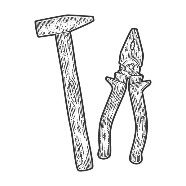 Conjunto de ferramentas, martelo e alicate. Design de impressão de vestuário. Imitação de raspadinha. Imagem desenhada à mão preto e branco . —  Vetores de Stock