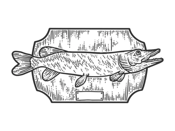 Horgásztrófea kitömött hal, északi csuka. Ruházatminta. Karcolódeszka utánzat. Fekete-fehér kézzel rajzolt kép. — Stock Vector