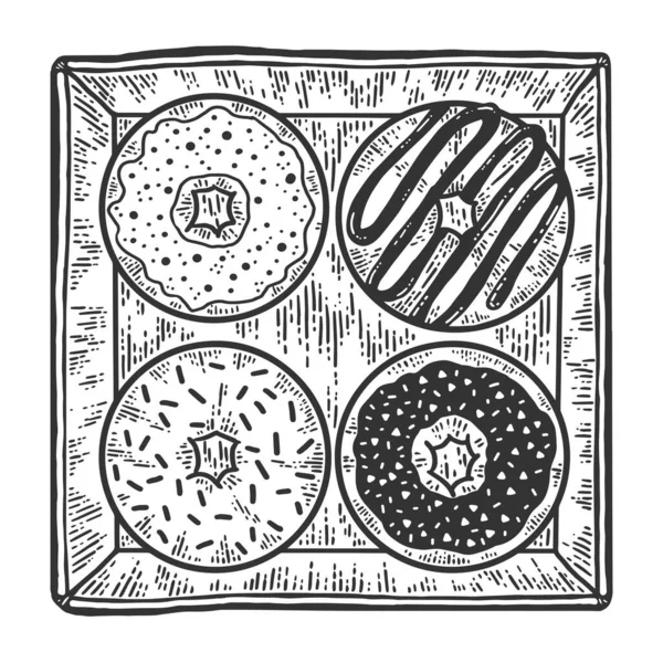 Vier Donuts in einer Schachtel. Bekleidungsdruck-Design. Handgezeichnetes Schwarz-Weiß-Bild. — Stockfoto