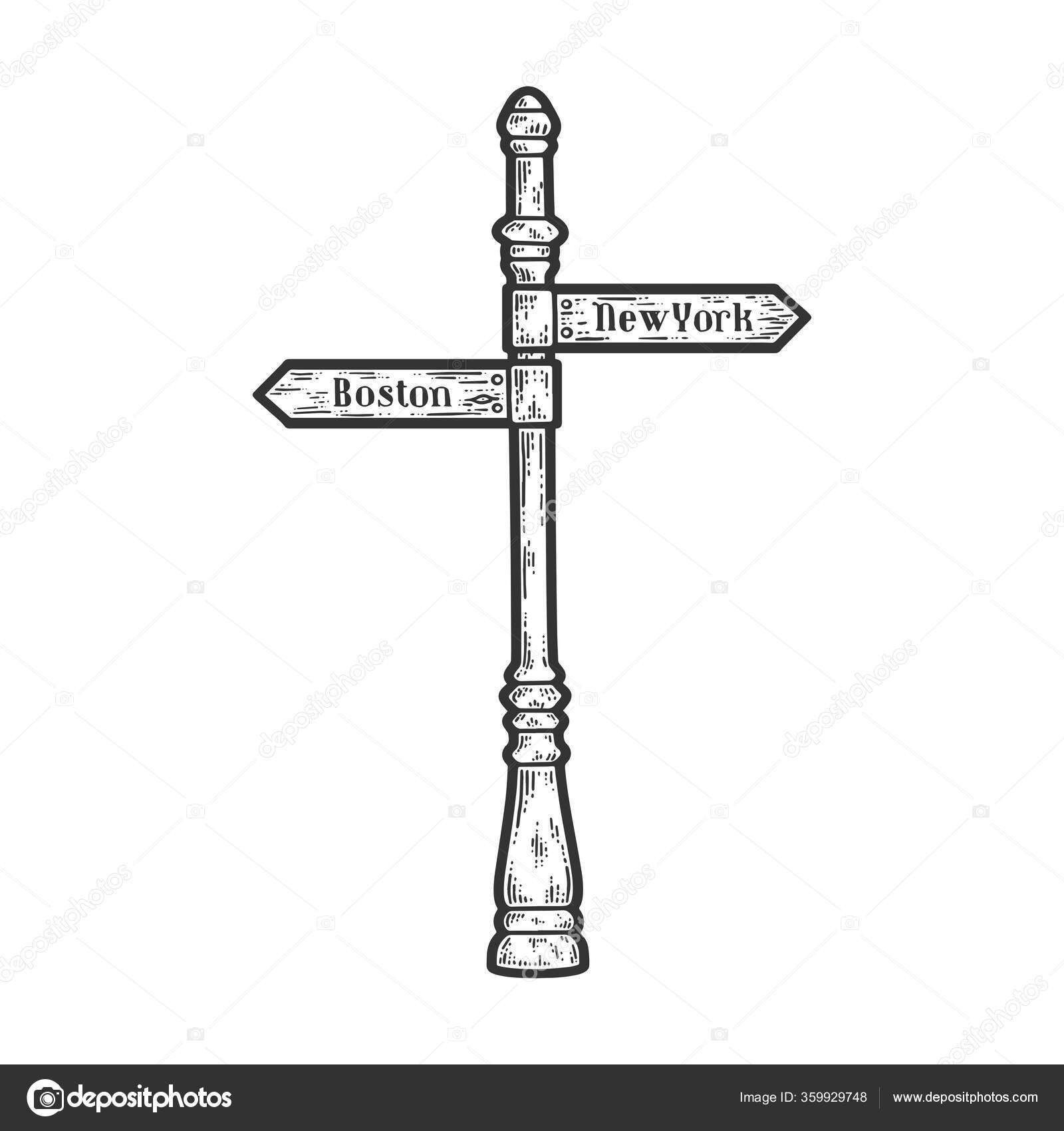 Wooden Road Sign Direction, Boston and New York sketch. Stock Vector by  ©toricheks2016.gmail.com 359929748
