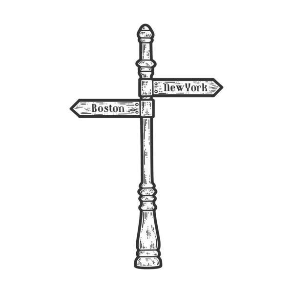 Wooden Road Sign Direction, Boston and New York sketch. — стоковий вектор