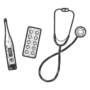 Acemi doktor randevusunda. Termometre, haplar ve steteskop..