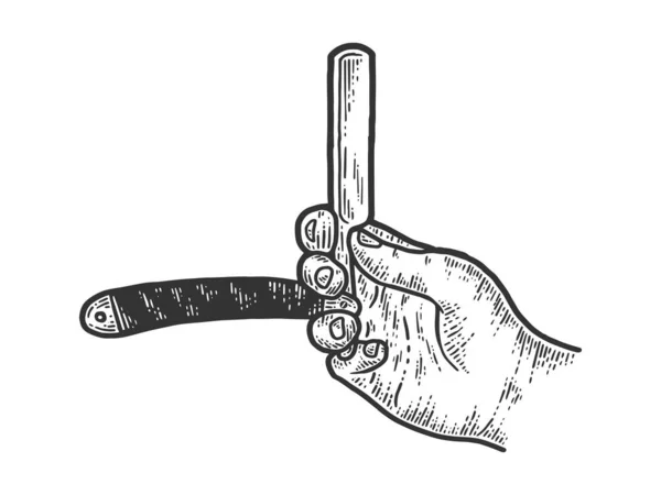 Чоловіча рука тримає пряму бритву. Імітація ескізної дошки для подряпин . — стоковий вектор