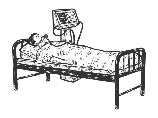 Pacient s koronavirem napojený na ventilátor. Sketch scratch board imitace. — Stockový vektor