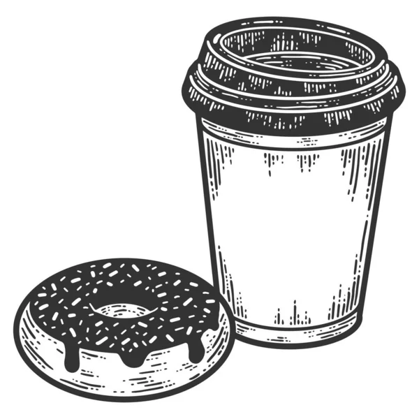 Ensemble de café à emporter et beignet. Croquis imitation de planche à gratter. — Image vectorielle