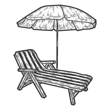 Deckchair and beach umbrella. Sketch scratch board imitation. Black and white. clipart