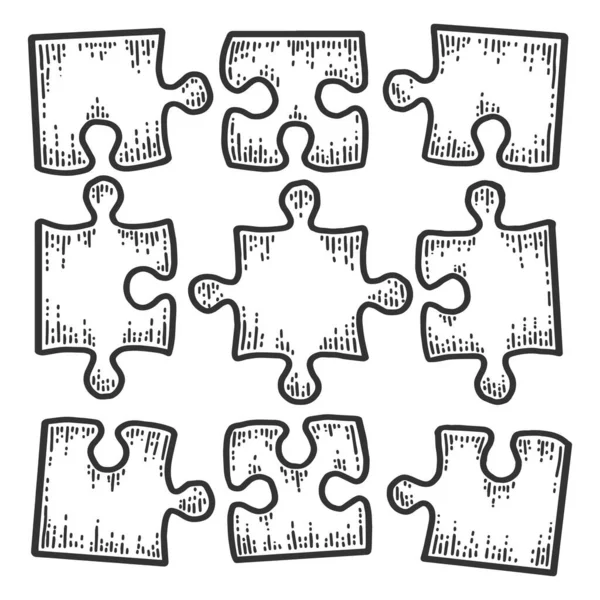 Quadratisches Puzzle-Symbol. Nicht zusammengebaut neun Stück. Skizze Scratch Board Imitation. — Stockvektor