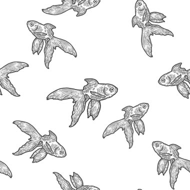 Altın balık. Kusursuz set. Çizik tahtası taklidi. Siyah beyaz el çizimi resim.