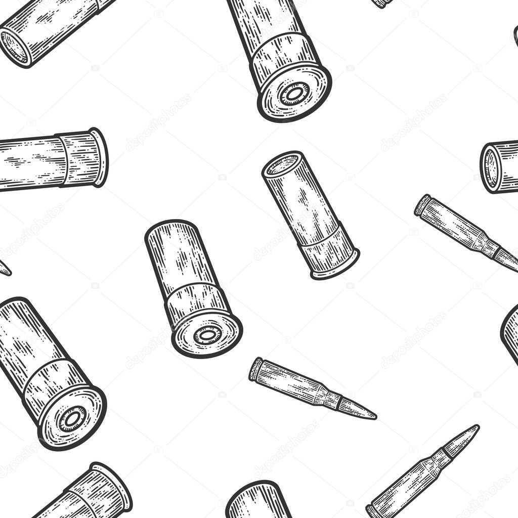 Seamless set. Five bullets stand nearby sketch. Scratch board style imitation. Engraving raster illustration