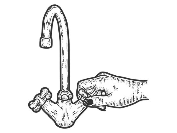 Vrouwelijke hand trekt de schroef van een waterkraan aan. Schets krabplank imitatie. — Stockfoto