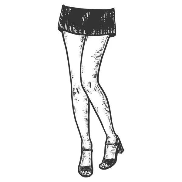 Female legs in a short skirt and sandals. Sketch scratch board imitation.