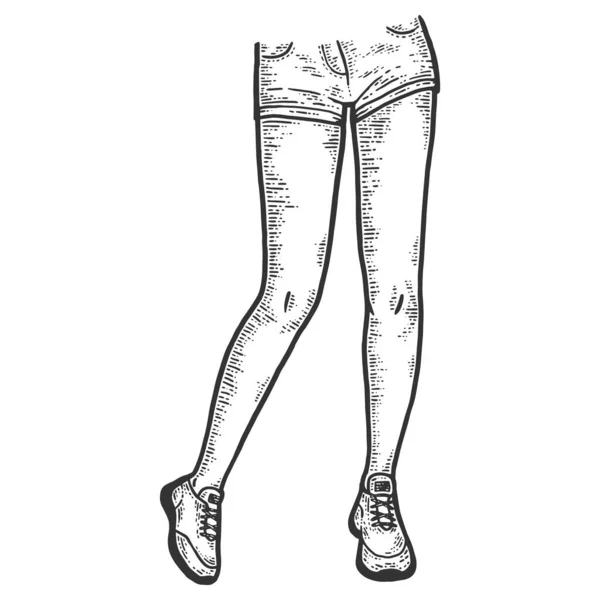 Femmes jambes de sport en short et baskets. Croquis imitation de planche à gratter . — Image vectorielle