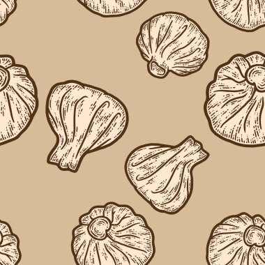 Kusursuz desen, bej renkli arkaplan. Gürcü yemeği, üç khinkali..