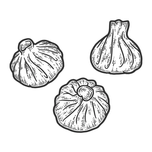 Gruzińskie danie, trzy khinkali. Imitacja deski do rysowania. Czerń i biel. — Zdjęcie stockowe