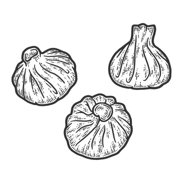 Gruzínské jídlo, tři khinkali. Náčrt napodobenina náčrtku. Černá a bílá. — Stockový vektor