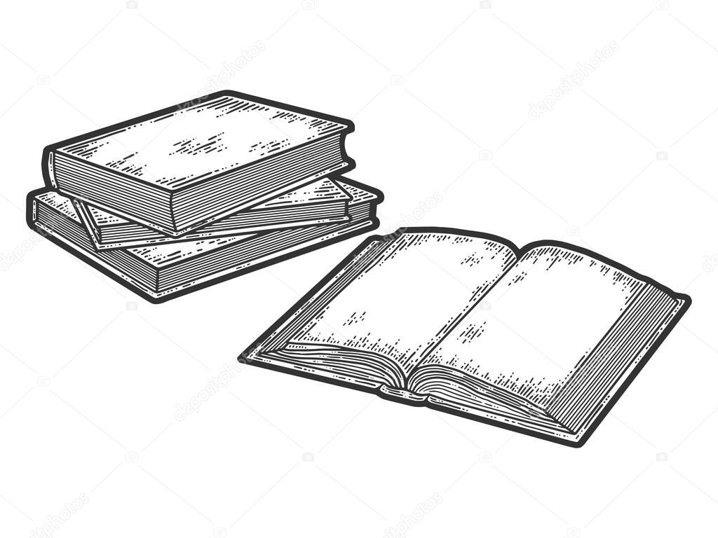 Isolated objects, set three books are stacked and open book sketch.