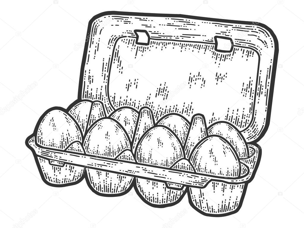 Packing eight eggs. Sketch scratch board imitation. Black and white.