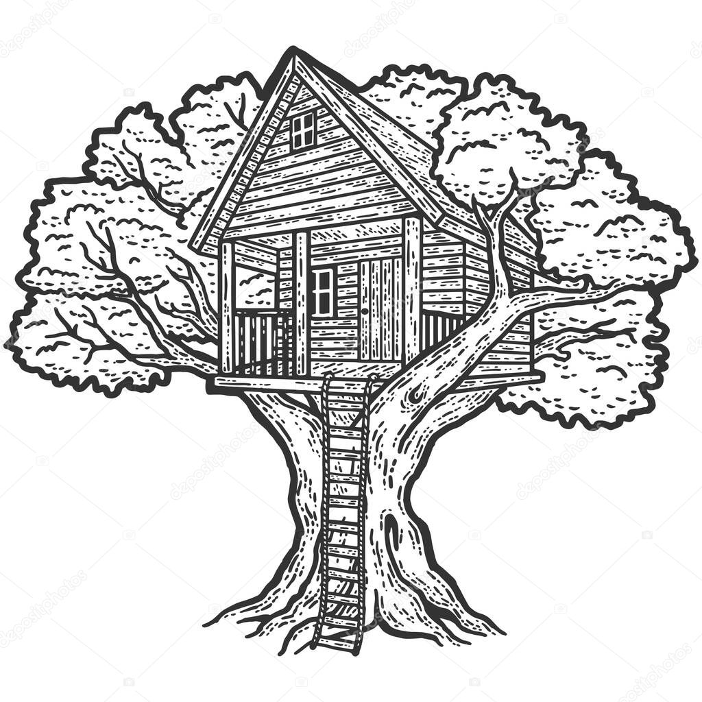Wooden tree house. Sketch scratch board imitation.