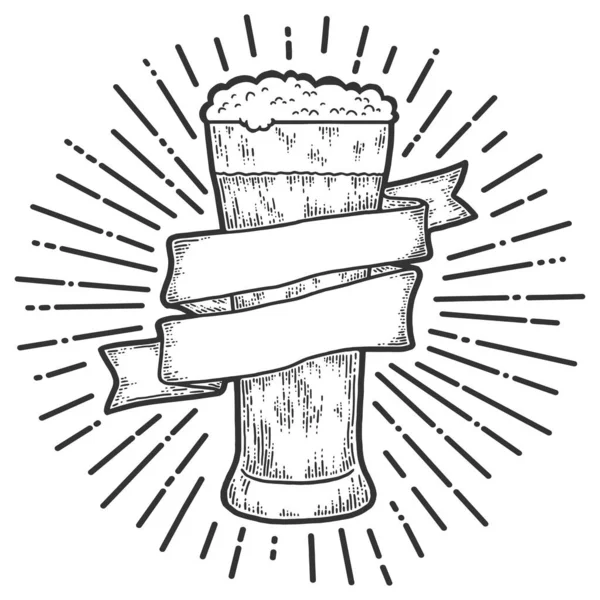 Glas bier met lint. De stralen van de zon schijnen. Vectorgravure — Stockvector