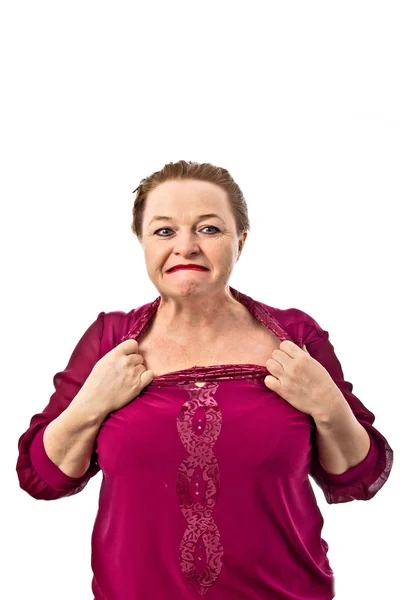 Woman retirement age showing different emotions on a white background in Russia — Stock Photo, Image