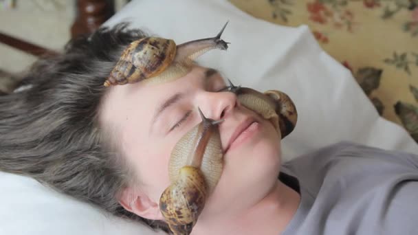 Un jeune homme au spa reçoit un massage facial avec des gargarismes africains Achatina. Les escargots mangent la peau morte des produits. Au final, il laisse la peau lisse et fraîche . — Video