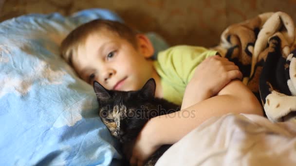 Kleiner Junge liegt im Bett mit der Katze vor dem Fernseher — Stockvideo