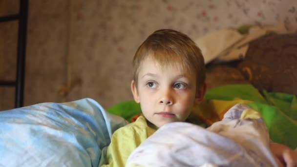 Pequeño niño acostado en la cama con el gato viendo la televisión — Vídeos de Stock