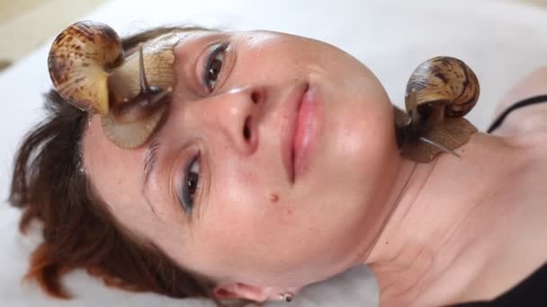 Une jeune femme au spa reçoit un massage facial avec des escargots africains Achatina. Les escargots mangent la peau morte des produits. Au final, il laisse la peau lisse et fraîche . — Video