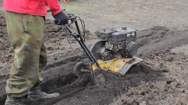Çiftçi bir Kültüvatör ile toprak yetiştirerek. Tarım. Mini traktör.