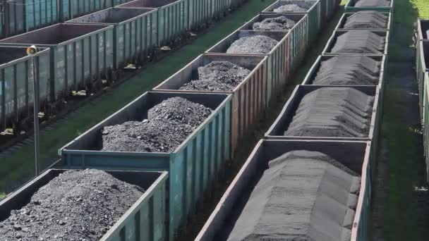 Угольные вагоны на железнодорожных путях — стоковое видео