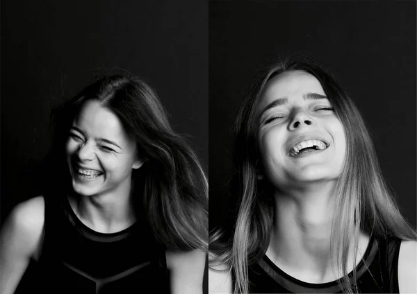 Retrato emocional de una hermosa chica con el pelo largo. Amplia sonrisa feliz. Collage. —  Fotos de Stock