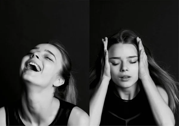 Retrato emocional de una hermosa chica con el pelo largo. Amplia sonrisa feliz. Collage. —  Fotos de Stock