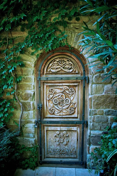 Oude houten deur met gebeeldhouwde patroon in een mysterieuze tuin — Stockfoto