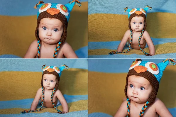 Pequeño bebé recién nacido con grandes ojos de punto sombrero sobre un fondo liso . —  Fotos de Stock