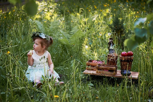 Krásná holčička v věnec na hlavu v zelené a bílé. Šaty, princezna. S radostí, ale přírodě — Stock fotografie