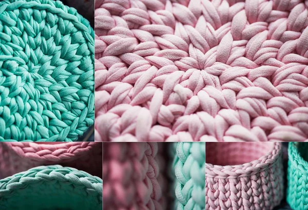 Cestas - turquesa e crochê rosa em torno do círculo de fios de tricô, feito de pano. Colagem — Fotografia de Stock