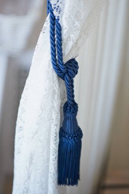 Mavi fırça kanatları beyaz dantel perde üzerinde. Kolaylığı ve hassasiyet