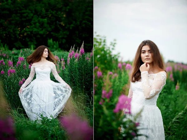 Belle mariée en dentelle brillante robe. Dans un champ avec Ivan-tea. Beauté naturelle, maquillage minimal et cheveux lâches.Un enfant de la nature. collage — Photo