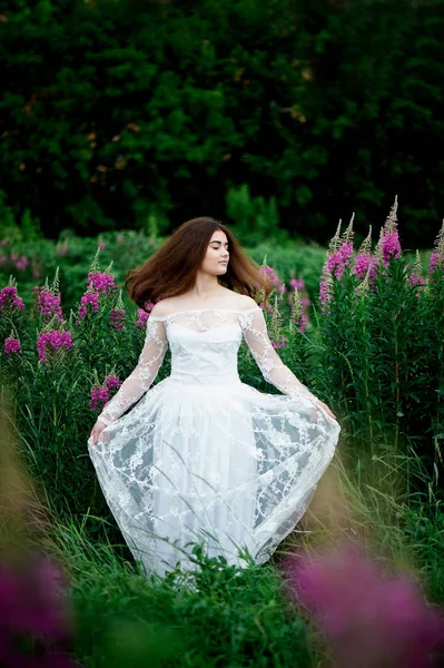 Piękna panna młoda w sukni jasny koronki. W polu z Ivan herbaty. Naturalne piękno, minimalny makijaż i luźne włosy. Dziecko z natury — Zdjęcie stockowe