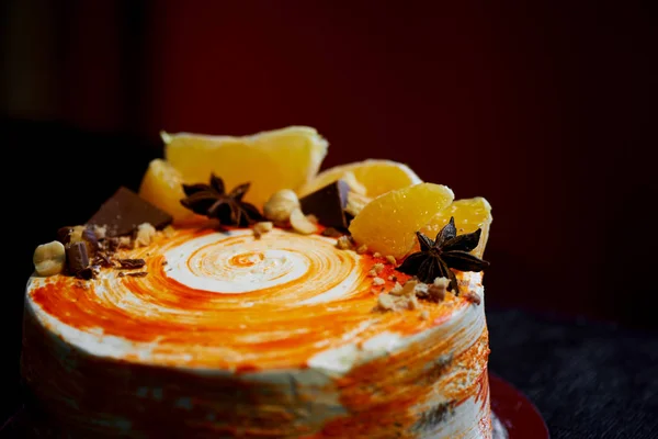 Carrot cake . Bright,juicy and unusual cake. Juicy and incredibly nutty A layer of caramel sponge cake successfully emphasizes.