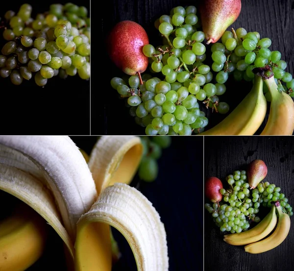 Fruits frais sur fond sombre : raisin, poire et bananas.Collage saine alimentation — Photo