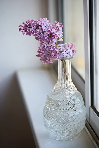 Minimalist picture. sprig of lilac in a glass crystal decanter.Easy and clean