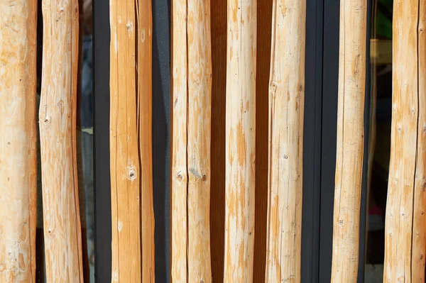 Texture, branches de pins, disposées en une seule rangée. Solution créative pour une clôture, un mur extérieur, un design — Photo