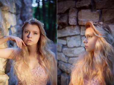 Pembe dantel elbise, saç dekorasyon, el yapımı bir güzel gelin sarışın kız portresi. Hassasiyet. Taşlar, manuel debriyaj eski duvarlar arasında yerinde duruyor. Zor gün batımı rengi, kolaj ilginç