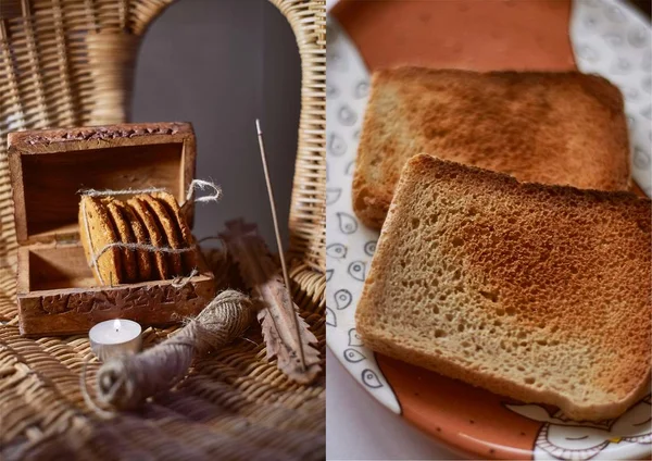 Ciasteczka owsiane, związany z liny jutowe w drewnianym pudełku. Rustykalny styl retro — Zdjęcie stockowe