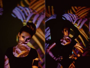 Soyut portre projektör ışığında güzel bir kız. Mor ve turuncu renkler. Uzaylı orman. Güzel, tehlikeli ve gizemli