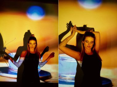 Soyut portre projektör ışığında güzel bir kız. Sıcak turuncu tonları. Siyah kelebek resmi. Kırılganlık ve güzellik duygusu. Plastik gövdeli. Güzel ve gizemli. Topuz